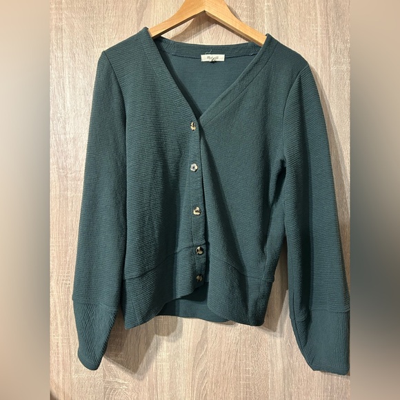 Madewell Pieced-Sleeve Cardigan Sz Medium Dark Palm Button Front Lantern Sleeve - Picture 1 of 5